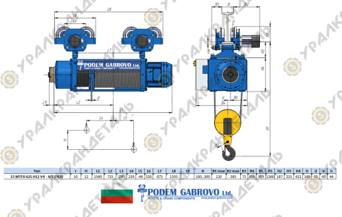 Таль электрическая 10,0Т 12,0М (13МTFII 625 H12 V1 4/1EN20, -40+40, без пульта, 42В), Болгария